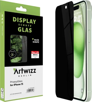 Produktbild von ARTWIZZ PrivacyGlass Schutzglas für iPhone 15 - Displayschutz mit Blickschutz - Hüllenfreundlich