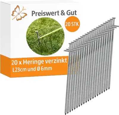Produktbild von 20x Heringe verzinkt L23cm und Ø6mm Zeltheringe mit Quernagel und Nagelkopf Silber Hering zum Vorzeltteppich befestigen