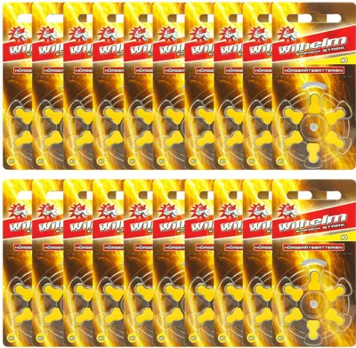 Multiple packages of hearing aid batteries arranged in rows.