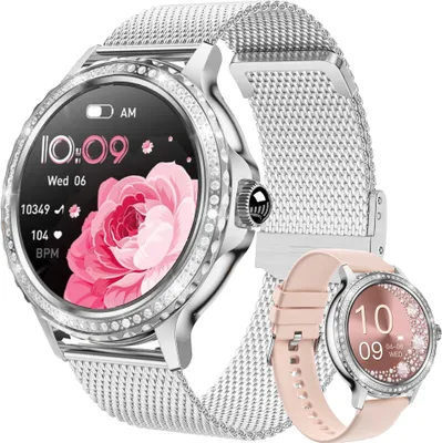 Two smartwatches are shown, one with a silver mesh band and the other with a pink silicone band. The larger smartwatch displays a floral watch face with time and fitness data.