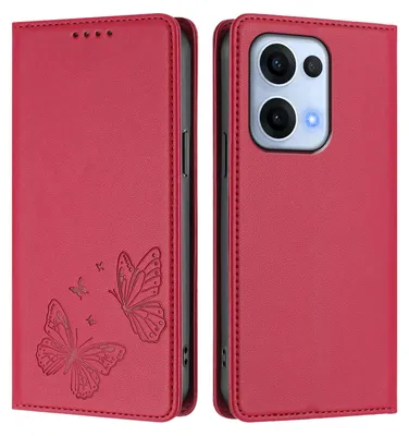 Image de Étui en cuir pour Oppo Reno13 5G, motif papillon en relief, étui à rabat avec porte-appareil, rouge