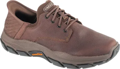 A brown Skechers shoe is shown against a white background.