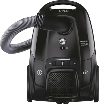 A black Hoover vacuum cleaner is shown from the front on a white background.