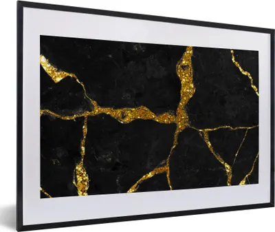 Produktbild von MuchoWow® Gerahmtes Poster Marmor - Gold - Schwarz - Marmoroptik - Glitter 60x40 cm - Poster mit Schwarzem Bilderrahmen Wandposter Rahmen Foto Bilder - Schlafzimmer - Plakat in Rahmen - Drucken