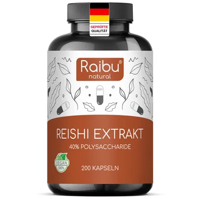 Produktbild von Reishi Extrakt Kapseln, 650mg pro Kapsel - 40% Polysaccharide, 200 St - RAIBU