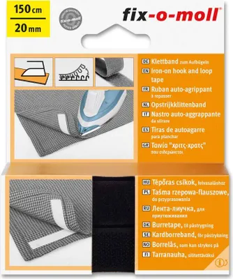 Packaging for hook and loop tape with illustrations showing application and different language labels.