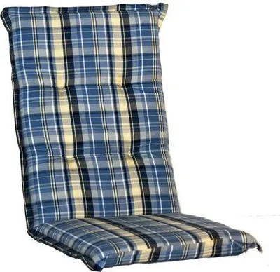 A high chair cushion with a plaid pattern.
