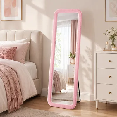 Productafbeelding van Spiegel voor het hele lichaam, 160x50 cm, roze staande spiegel met een frame bekleed met gestoffeerde flanellen stof, geschikt als staande spiegel of wandspiegel voor slaapkamer, kleedkamer en hal