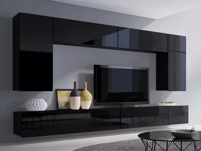 Produktbild von Wohnwand CALABRINI-13 Hängewohnwand Set, 6-teilig, Weiß Hochglanz Modern, PVC-Furnier Spanplatte, grifflos, TV-Schränke  (Schwarz Hochglanz)