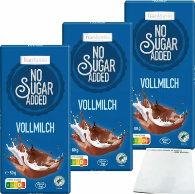 Produktbild von Frankonia Chocolat No Sugar Added Vollmilch Schokolade glutenfrei 3er Pack (3x80g Tafel) + usy Block