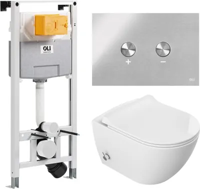 Immagine prodotto di Domotechnika | Set di toilette sospese Viba - cassetta di scarico - bianco - senza bordo, con chiusura morbida, igienico, moderno - pomolo cromato