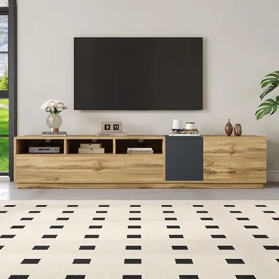 Image de Meuble TV de 200 cm de large, avec 3 portes et des compartiments ouverts, élégant meuble TV pour téléviseurs de 80 pouces, meuble TV avec des passages pour les câbles, table TV, support TV, en bois, noir et gris