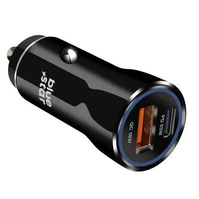 Immagine prodotto di Blue Star, caricatore per auto USB-C 25W + USB 18W a ricarica rapida dal design compatto, nero