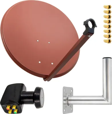A satellite dish and its components are arranged on a white background.