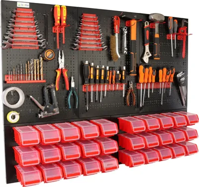 Produktbild von botle® Werkzeugwand Lochwand aus Metall, Stapelboxen + Wandregal + Werkzeughalter 57-tlg Set, Kleinteilelager,  Wandwerkstatt mit 30 stapelbaren Behältern, Hängeregal Sortierregal