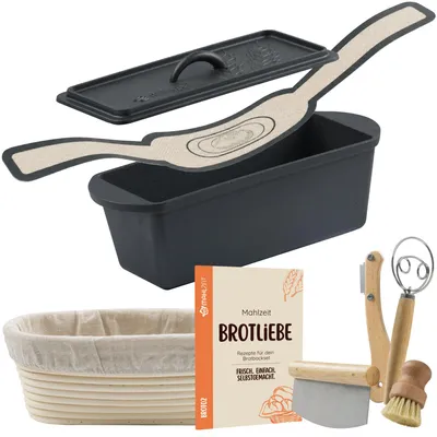 Immagine prodotto di Set per la cottura del pane in ghisa, pre-condito, capacità 3,2 litri, con cestini per la lievitazione, spatola per pane e accessori