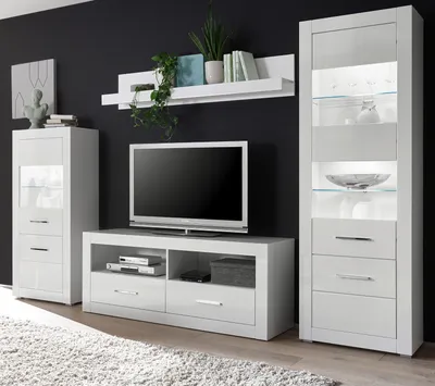 Produktbild von Wohnwand "Carrara" weiß Hochglanz Schrankwand 4-teilig 300 x 198