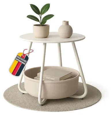 Produktbild von Couchtisch KOSI Weiß aus Metall Ø 45 x 45 cm mit Aufbewahrungskorb Canvas, Beistelltisch rund mit Ablage - Wohnzimmertisch im Vintage Style, Sofatisch , Gartentisch mit Stoffkorb, zerlegt