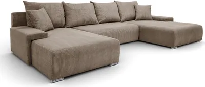 A U-shaped sectional sofa in a light brown corduroy fabric, shown from a slightly elevated side angle against a white background.