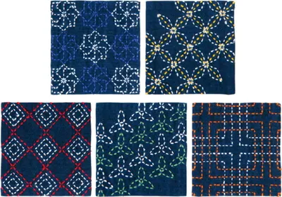 Produktbild von Olympus Sashiko Stickpackung "Tsumugi Untersetzer dunkelblau 5er Set", Stoff bedruckt, 10x10cm, Original aus Japan