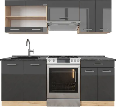 Produktbild von Küchenzeile Vicco R-Line Anthrazit Hochglanz/Goldkraft Eiche 200 cm , AP Anthrazit, Model 42991