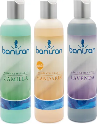 Produktbild von Banisan 3er Badezusätze Lavenda, Camilla, Mandarin, Aromatherapie 3x 250 ml, ergiebig, nicht schäumende Rezeptur für Whirlpools