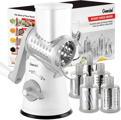 Produktbild von 5-in-1 Trommelreibe Käsereibe mit Kurbel Gemüseschneider mit 5 Edelstahlklingen, Eiscrusher & Reibe für Gemüse Käse Nüsse Kartoffeln, BPA-frei