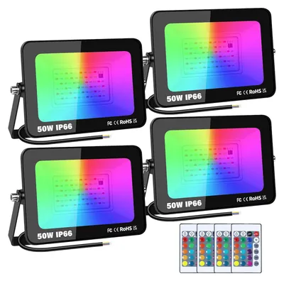 4er-Pack 50 W RGB LED-Flutlicht, IP66, Fernbedienung, 16 Farben