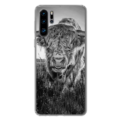 Produktbild von MuchoWow® Handyhülle Schutzhülle Hülle für Huawei P30 Pro Schottischer Highlander - Schwarz und Weiß Silikon Softcase Handy Hülle - Schutzdeckel