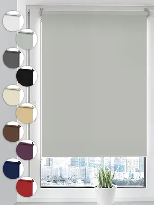 A roller blind in a light gray color is shown, with various color swatches of the same product displayed on the left side. The blind is installed on a window overlooking a city skyline. A potted plant is visible on the windowsill.