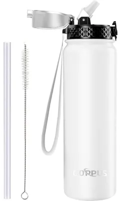 Produktbild von Thermosflasche 1L Edelstahl mit Strohhalm, auslaufsicher, BPA-frei, Weiß