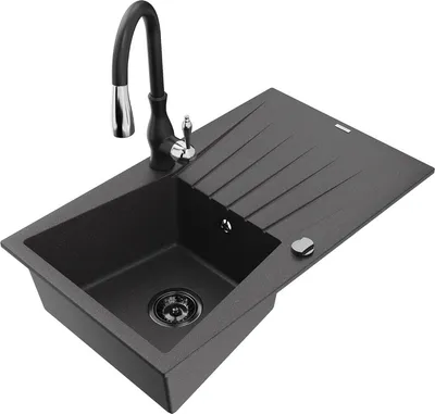 Produktbild von Mexen Cesar 1 Becken-Granitspüle mit Abtropffläche und Mischbatterie Savita, Schwarz gesprenkelt - 6514-76-672601-70-B