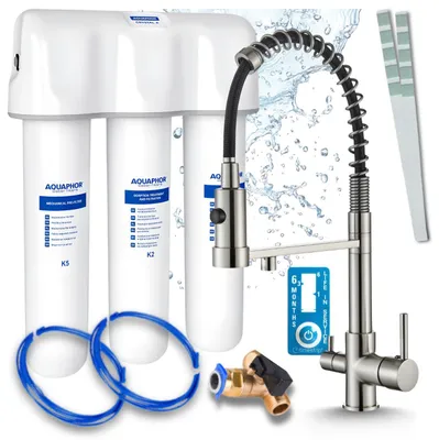 Produktbild von Ari 3-Wege-Küchenarmatur Solid Spring, Edelstahl, Ausziehbare Spültischarmatur Im Set Mit Aquaphor Kristall A Wasserfiltersystem