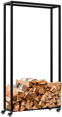 Zdjęcie produktu dla Holzlager Hilta – Regał na drewno kominkowe na kółkach | Kolor: czarny | Wymiary: 80x25x150 cm