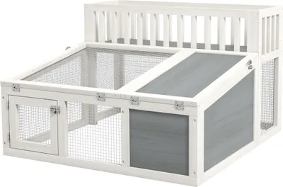 Image de PawHut Clapier, cage š€ lapin en bois avec šŠtagššre pour plantes grand espace en bois, plusieurs portes - Dim. 94L x 90l x 60H cm - gris et blanc