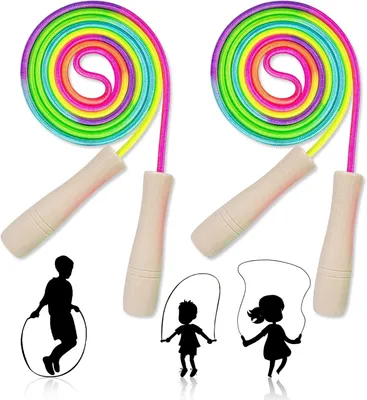 Imagen del producto de Cuerda de saltar para niños, ajustable, de 250 cm, con mangos de madera, de colores, ideal para juegos activos