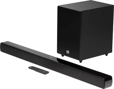 A black soundbar and subwoofer set on a white background.