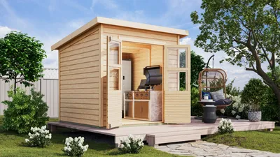 A wooden garden shed with an open front, featuring a grill and outdoor seating area on a deck.