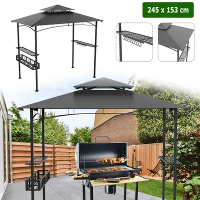 Zdjęcie produktu dla Pawilon grillowy LZQ z podwójnym dachem, półkami bocznymi, metalowym koszem, haczykami i otwieraczem do butelek, zadaszenie grilla odporne na warunki atmosferyczne, wiata grillowa do ogrodu, na zewnątrz, 244 x 153 x 250 cm
