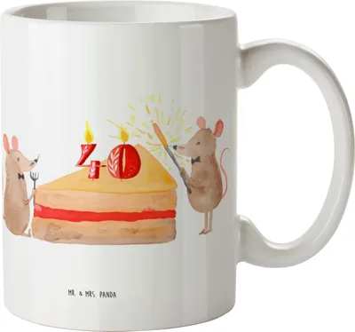 Produktbild von Mr. & Mrs. Panda Keramiktasse 40. Geburtstag Mäuse Kuchen - Weiß - Geschenk, Tasse, Happy Birthday, Kaffeetasse, Kaffeebecher, Becher, Geburtstage, Keramikbecher, Hungrig