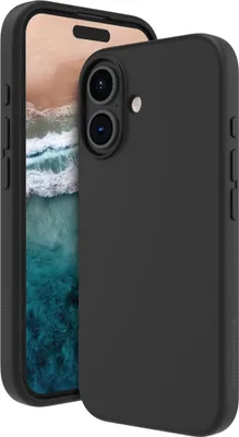 A black phone case is shown on a white background, with a phone inside the case visible.