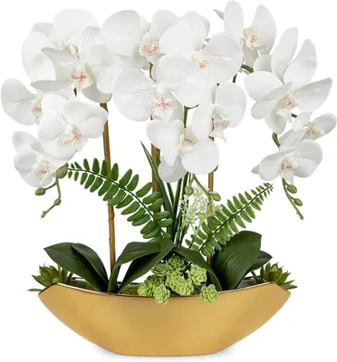 Productafbeelding van Kunstorchidee met pot - Decoratieve bloemen - Woonkamer decoratie - Natuurlijk uiterlijk - 41 cm hoog - Wit