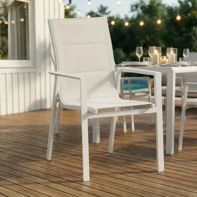 Produktbild von Gartenstühle TRAPANI 6er Set, Weiß - stapelbar aus Metall, mit Armlehnen, Hochlehner, modernes Design, pflegeleicht, sanft gepolstert mit wetterfestem Textilene Bezug