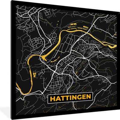 Produktbild von MuchoWow® Gerahmtes Poster Schwarz und Gold - Stadtplan - Hattingen - Deutschland - Karte 40x40 cm - Poster mit Schwarzem Bilderrahmen Wandposter Rahmen Foto Bilder - Mit Rahmen - Wanddekoration Schlafzimmer