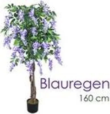 Produktbild von Decovego Künstlicher Blauregen Baum 160 cm aus Echtholz, pflegeleicht, mit biegsamen Stielen & Blättern, inkl. zementiertem Basistopf & Deko-Moos