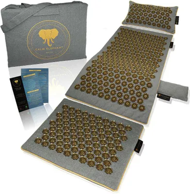 Zdjęcie produktu dla CALM ELEPHANT ORIGINAL Zestaw maty do akupresury XXL dla początkujących + poduszka lędźwiowa: GENUINE, 5 elementów, łagodzi napięcia, bóle pleców i stres – kolor szary