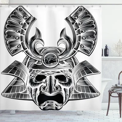 Produktbild von ABAKUHAUS japanisch Duschvorhang, Vintage Alte Erfahrene Japane Soldat Maske Mit Königliche Linien Und Formen, 175 x 240 cm, Weiß schwarz