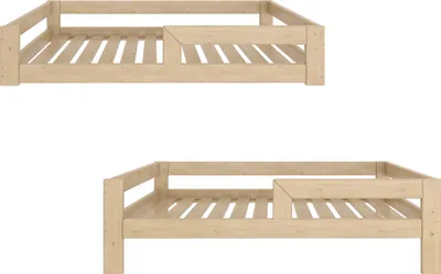 Two views of a wooden bed frame with slats and a partial side rail.
