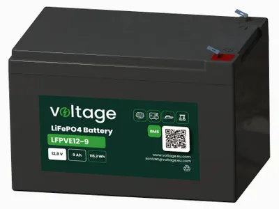 Immagine prodotto di Batteria LiFePO4 da 12,8 V, 9 Ah, modello LFPVE12-9, con una durata fino a 3000 cicli di carica/scarica