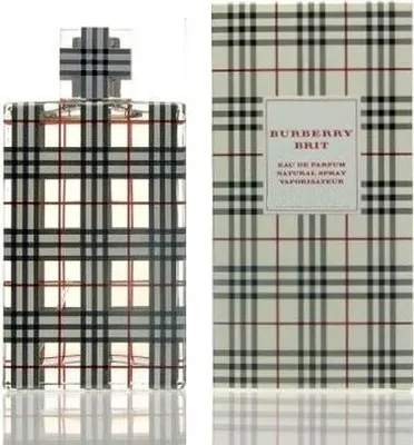 A bottle of Burberry Brit perfume and its packaging, both featuring the iconic Burberry plaid pattern.